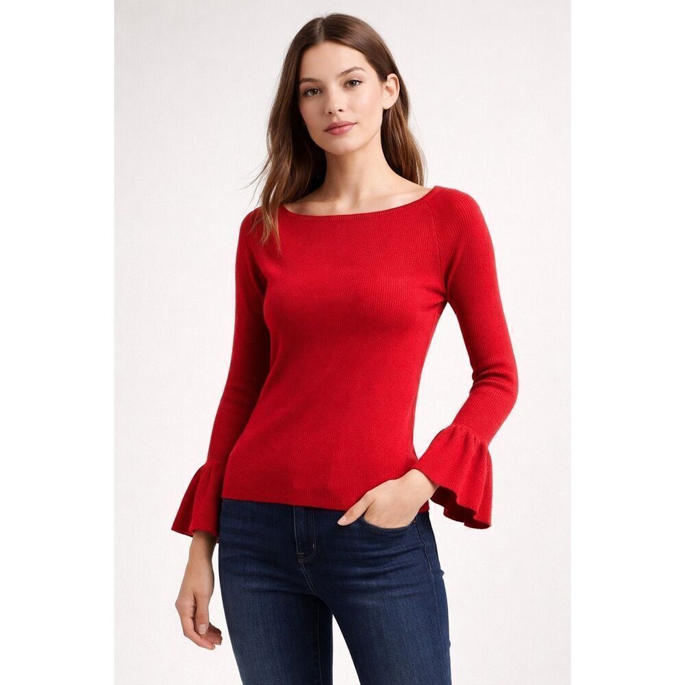 Lauren Ralph Lauren Red Ribbed Bell Sleeve Sweater Petite XS